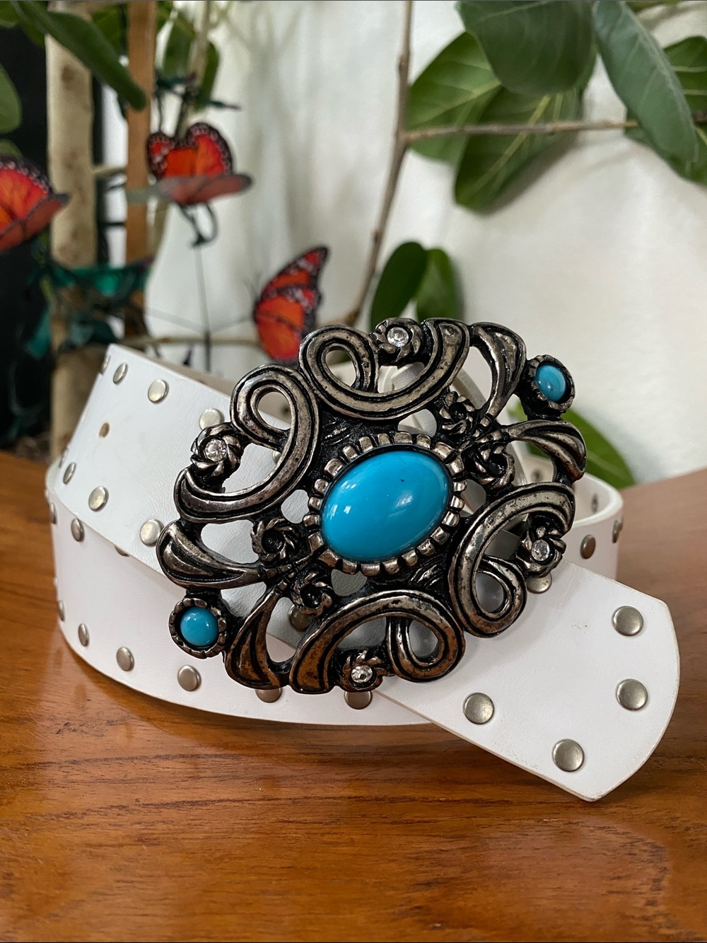 White Leather Belt with Ornate Turquoise-Accent Buckle